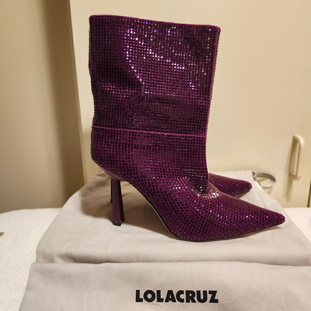 NWT Lola Cruz Koilo Purple Rhinestone Encrusted Leather Mid-Calf Boots 9/39 $385